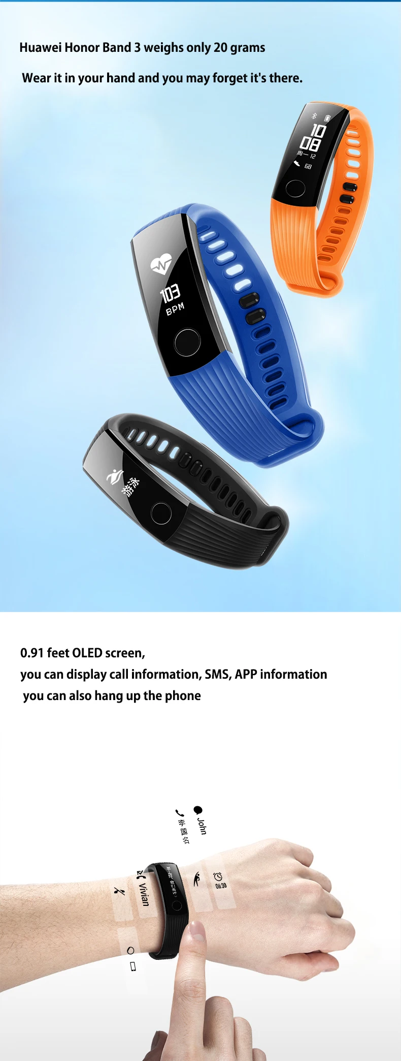 Huawei Honor Band 3 Смарт-браслет в режиме реального времени с контролем сердечного ритма 5 атм водонепроницаемый для плавания фитнес-трекер для Android iOS