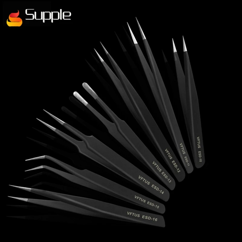 

Supple 7Pcs ESD Stainless Steel Tweezers Set Precision Repair Tools Kit Anti Static for Electronics Phone Repairing BGA Work