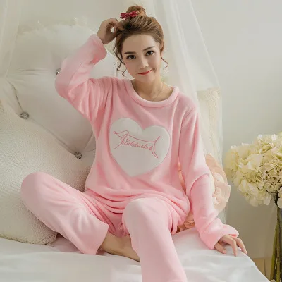 Vangull, осенне-зимние женские пижамные комплекты, пижамы, костюм для сна, теплая фланелевая ночная рубашка кораллового цвета, Женская пижама с мультяшными животными - Цвет: pink dog heart