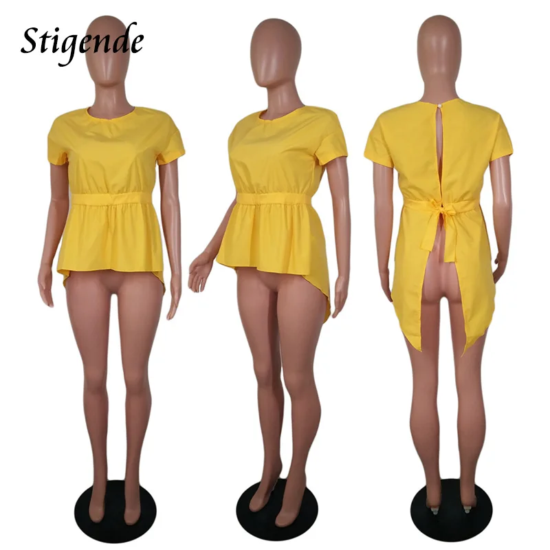 Stigende, Женская Асимметричная рубашка, короткий рукав, открытая спина, высокая низкая рубашка, сексуальные женские футболки с круглым вырезом, бандаж, летний Повседневный Свободный Топ