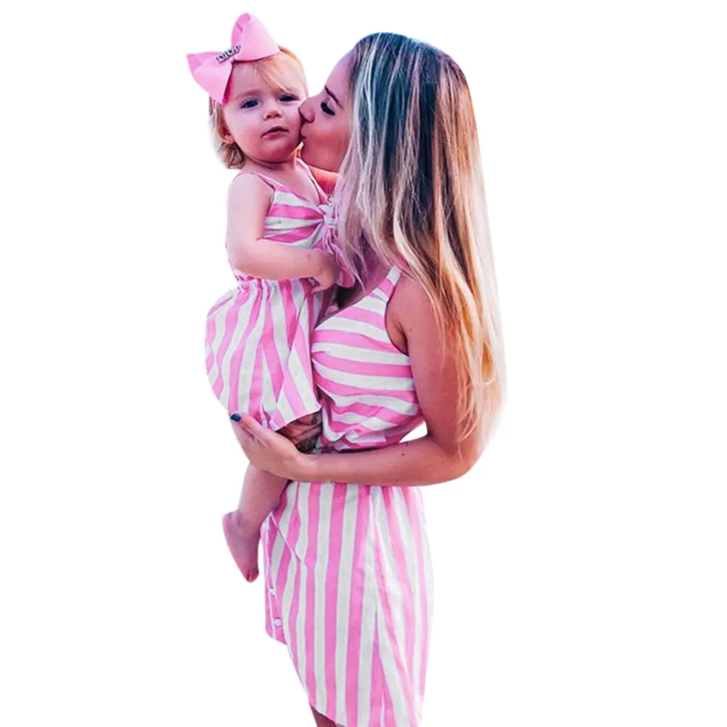 

MomMe Lady Sleeveless Striped Print Bowknot Dress Family Clothes mama e hija #ZH^2 #p35US