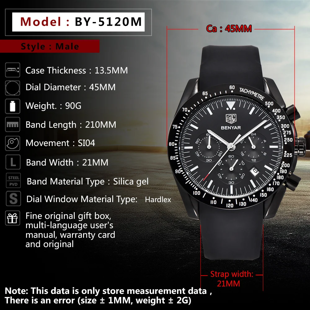 BENYAR Men Watch Top Brand Luxury Male Silicone Strap Waterproof Sport Quartz Chronograph Military
