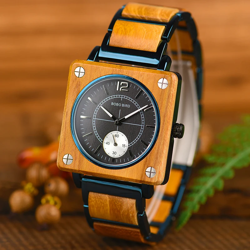 marque de luxe BOBO BIRD Wooden Men Square Watches Luxury Quartz Personalized Wood Watch Gifts for Men