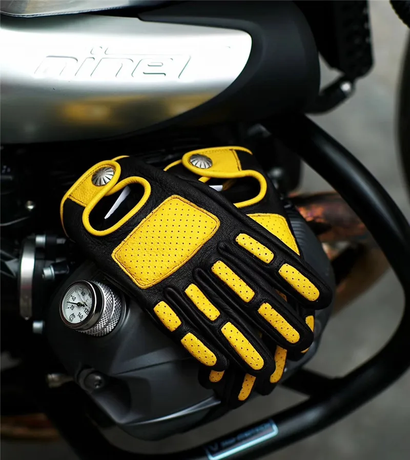 Натуральная кожа moto rcycle перчатки Желтые Черные Винтаж rbike Guantes luva de ciclista Размер S