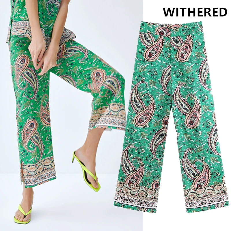 

Withered boehmian vintage green floral Cashew printing straigh harem pants women pantalones mujer pantalon femme trousers women