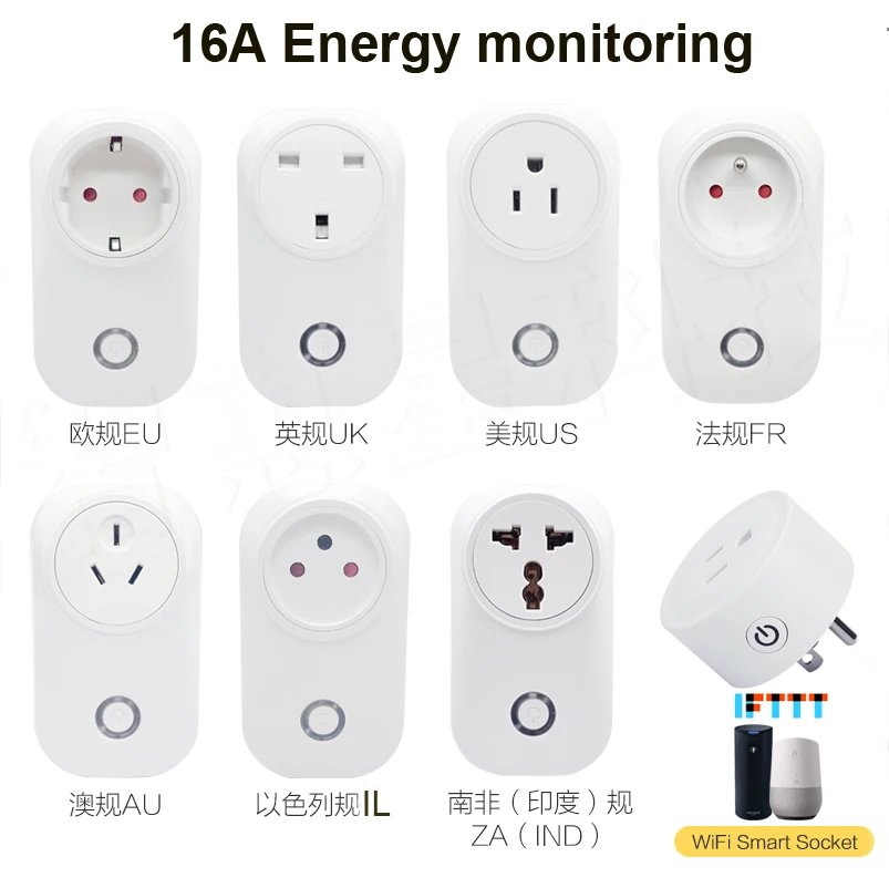 Skup Inteligentna wtyczka inteligentne gniazdo wifi 16A monitor zasilania ue FR US AU UK IT IND izrael wtyczka działa z Google Home Mini Alexa IFTTT