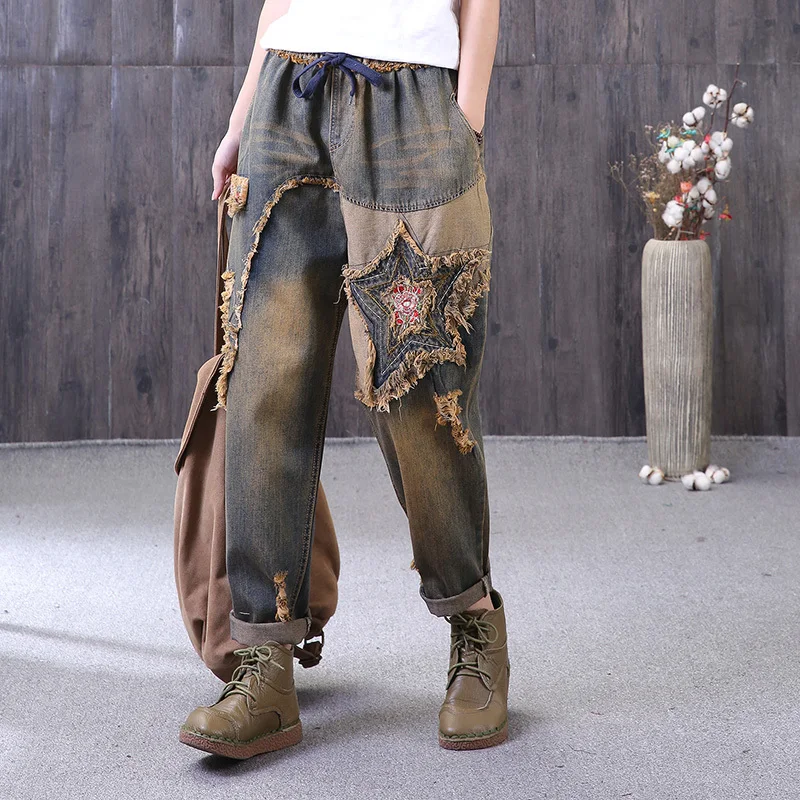 EWQ-New-Summer-spring-2018-fashion-tide-loose-pockets-lace-up-elastic-waist-stars-patch
