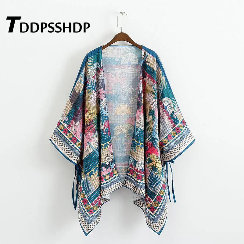 

Colorful Tree Elephant Peacock Flower Printing Women Kimono Coat 2019 Fashion Spring Female Jacket