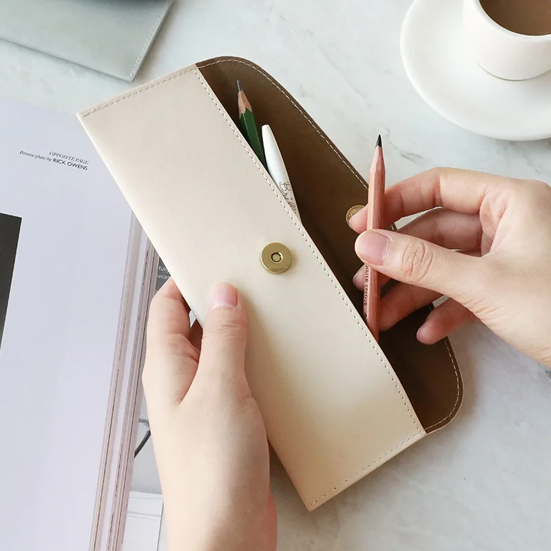 

Muji Simple Leather Pencil Case Grils Fashion Pencilcase Pen Bag Back To School Zipper Pen Case Wallet Office School Supplies