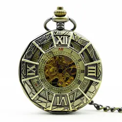 Винтаж бронзовый полые римские цифры механические старинные карманные часы паук выгравированы с брелок цепи кулон PJX1125