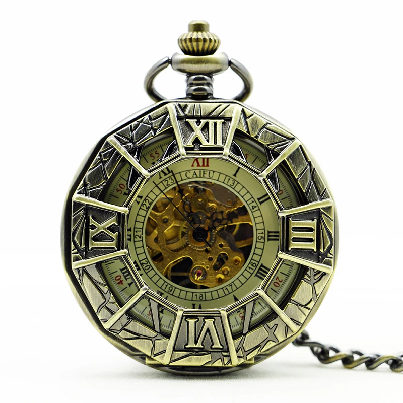 

Vintage Bronze Hollow Roman Numerals Mechanical Pocket Watch Antique Spider Engraved with Fob Chain Pendent PJX1125