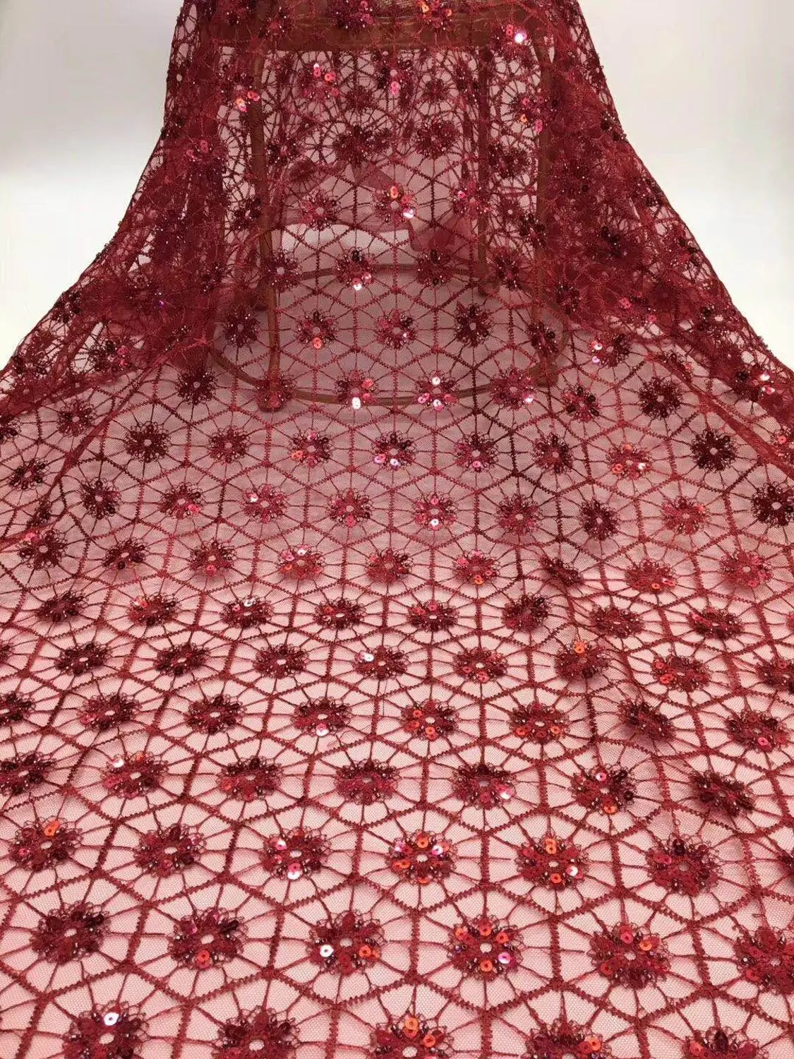 

Quality Swiss Net Material Embroidery French Lace 5Yards Cheap Nigeria Wine Red African Sequence Lace Fabric For Wedding
