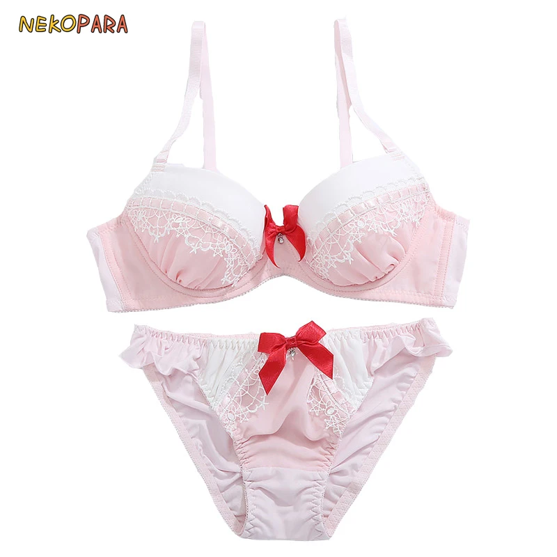 

Cute Bow Japanese yle Milk Silk Bra & Panties Set Underwise Push Up Soft Underwear Intimates Set Kawaii Lolita Pink & White