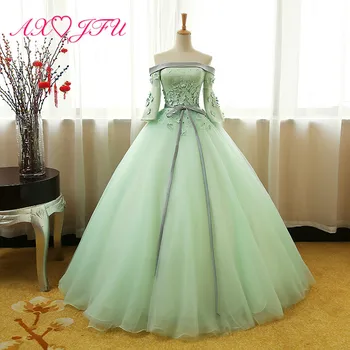 

AXJFU green flower evening dress flower shoulder strap sleeves bow evening dress princess flower green evening dress NY568