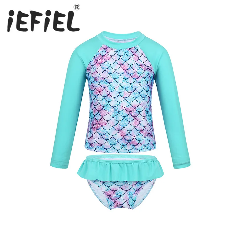 

Cute Girls Tankini Beachwear Long Sleeves Fish Scales Printed Rashguard Swimsuit Swimwear Bathing Suit Set Tops with Bottoms