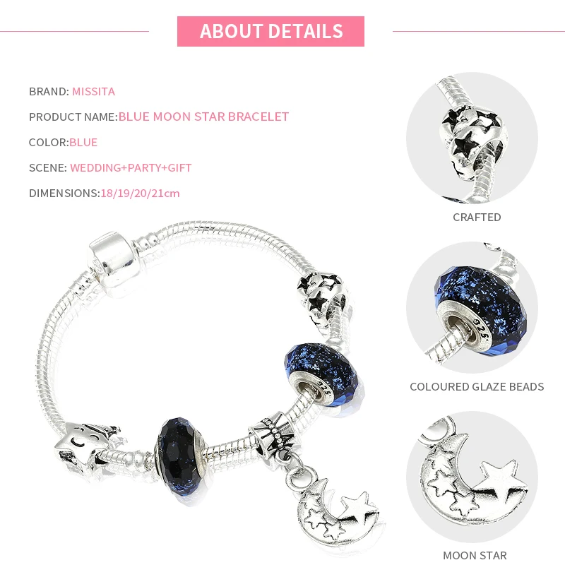 MISSITA, серия Moon& Star, очаровательный браслет с голубыми муранскими бусинами, цепочка-змейка, браслеты для женщин, брендовые ювелирные изделия, юбилей