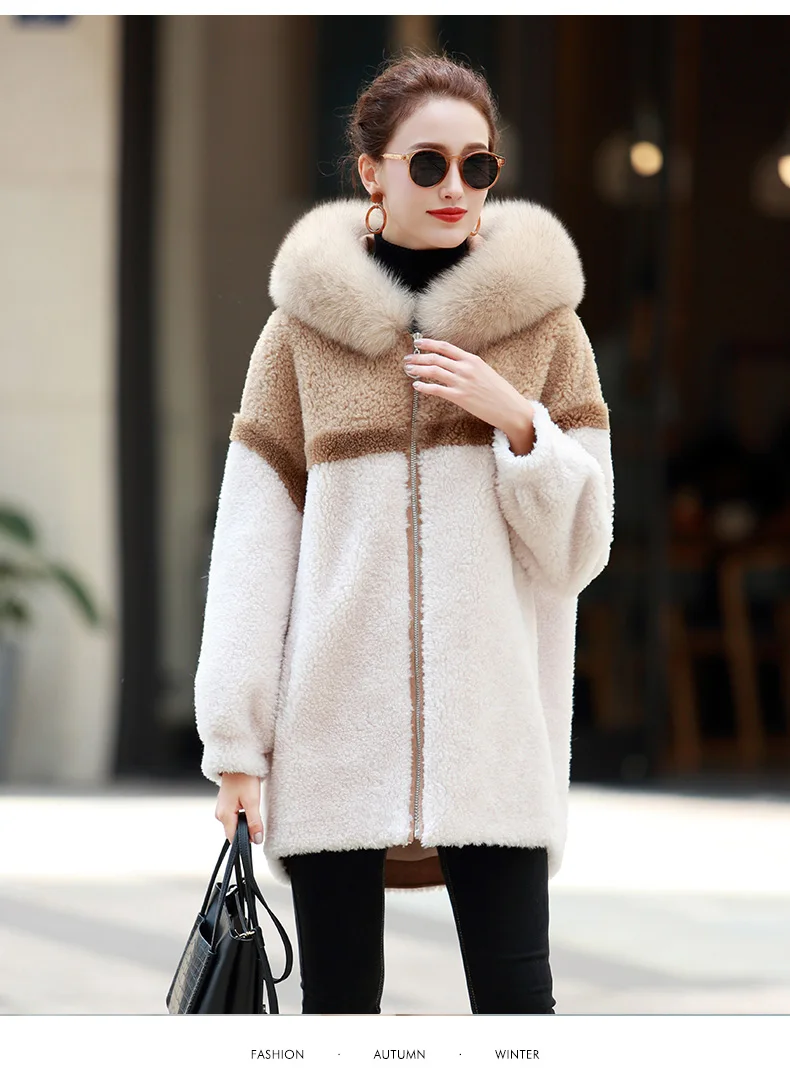 AYUNSUE Real Sheep Shearling Fur Coat Female Fox Fur Collar Real Woo Coats Winter Jacket Women Suede Lining Korean Outwear MY