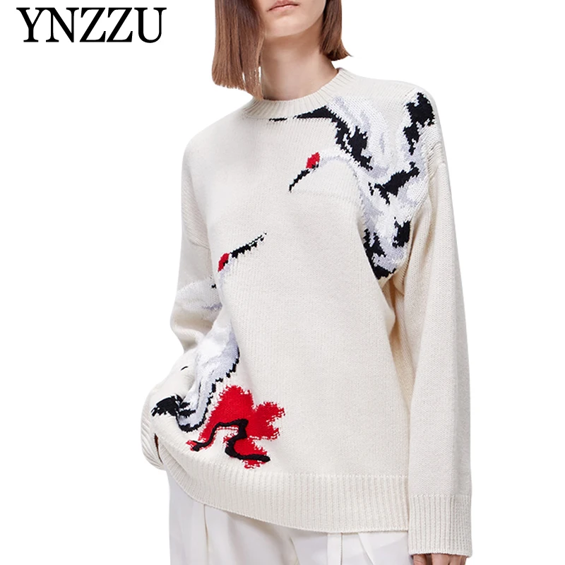 YNZZU 2019 осенне-зимний роскошный женский свитер с круглым вырезом и длинным рукавом, Свободный пуловер, топы, модный вязаный джемпер оверсайз