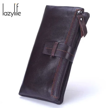 

LAZYLIFE Men Brand Organizer Wallets Genuine Leather Zipper Clutch Bag Man Cow Leather Long Purse Multi-function Phone Bag