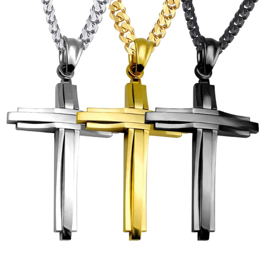 

Cross pendant stainless steel men's chain necklace sidewalk Cuban link black gold Color silver jewelry gift
