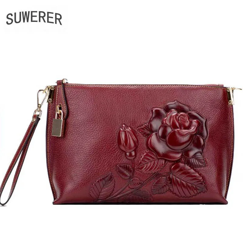 Genuine Leather women bags Fashion embossed Rose Flowers handbag women