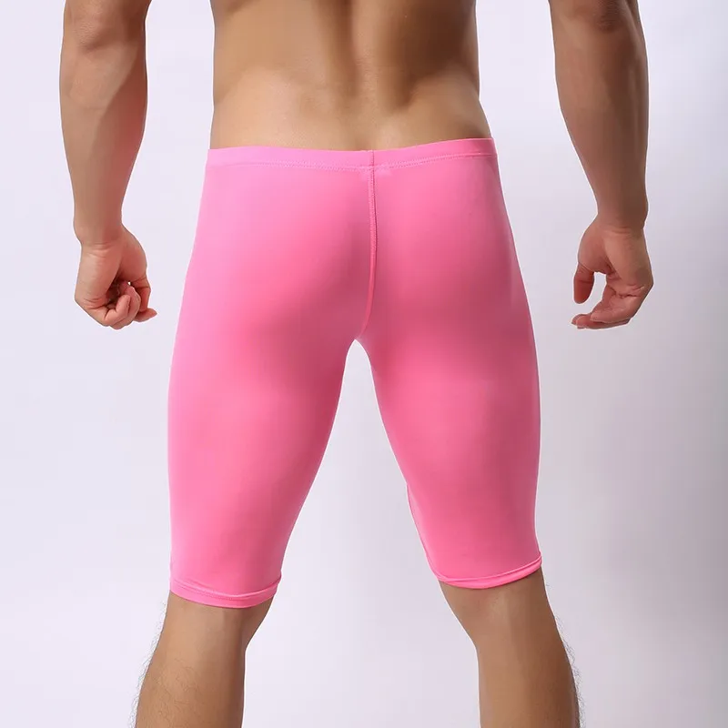 Новая модная брендовая мужская сексуальная тонкая прозрачная полиэстерная Пижама, шорты для геев, Мужской Прозрачный блестящий шелк, леггинсы для сна