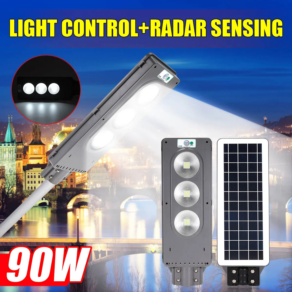 

90W 120LED Light Control+Radar Sensing Solar Street Lights Path Lamp 2 In 1 Constantly bright & Induction Solar Security Lamp
