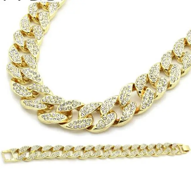 

Miami Cuban Link Chain Gold color Fully Iced Out Hip Hop Bling 2016 Hot Sale New Arrival Promotion Chain&Bracelet Set For Mens