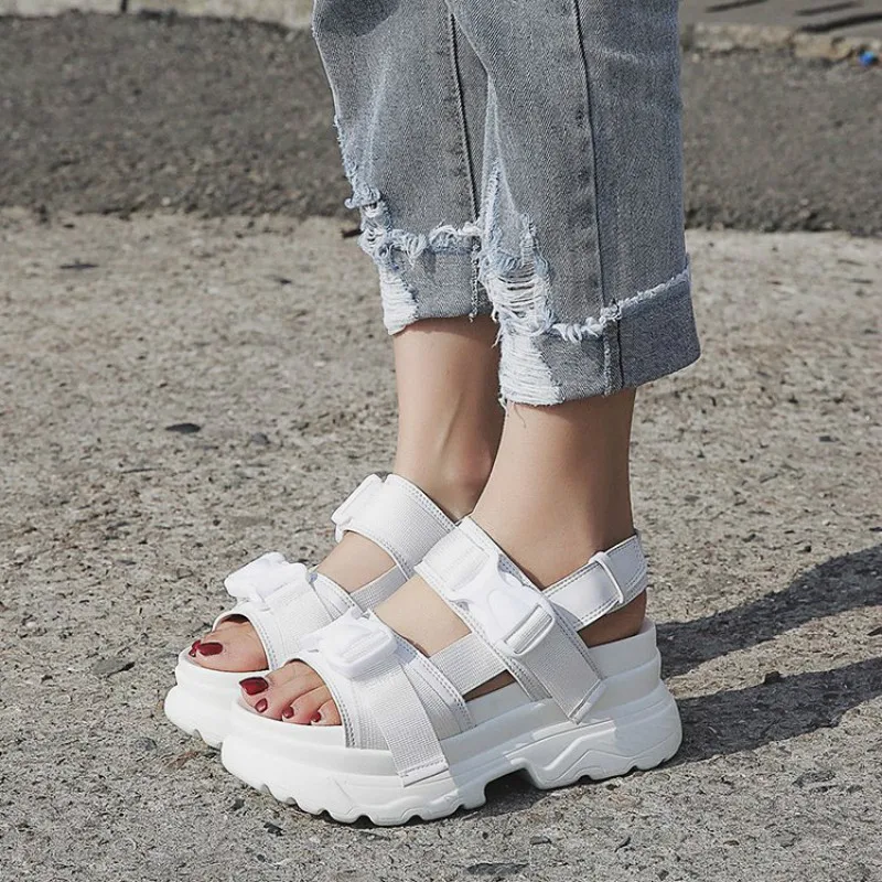 

2019 New Women Sandals Summer Platform Sneakers Wedges Elevator White Shoes Woman High Heels Creepers Peep Toe Sandalia Mujer