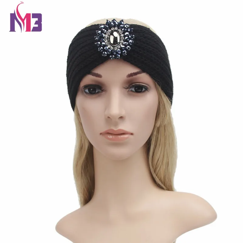 

Fashion Women Headband Jewel Acrylic Hair Accessories Winter Warm Floral Stretch Turban Soft Knitted Headband Crochet Headwrap