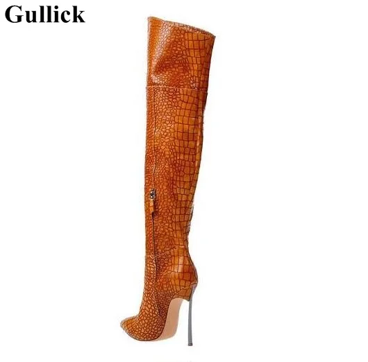 Gullick Sexy Cobra Skin Leather Over the Knee Boots Pointed Toe Blade Heels Thigh High Boots Black Brown Zipper Long Boot