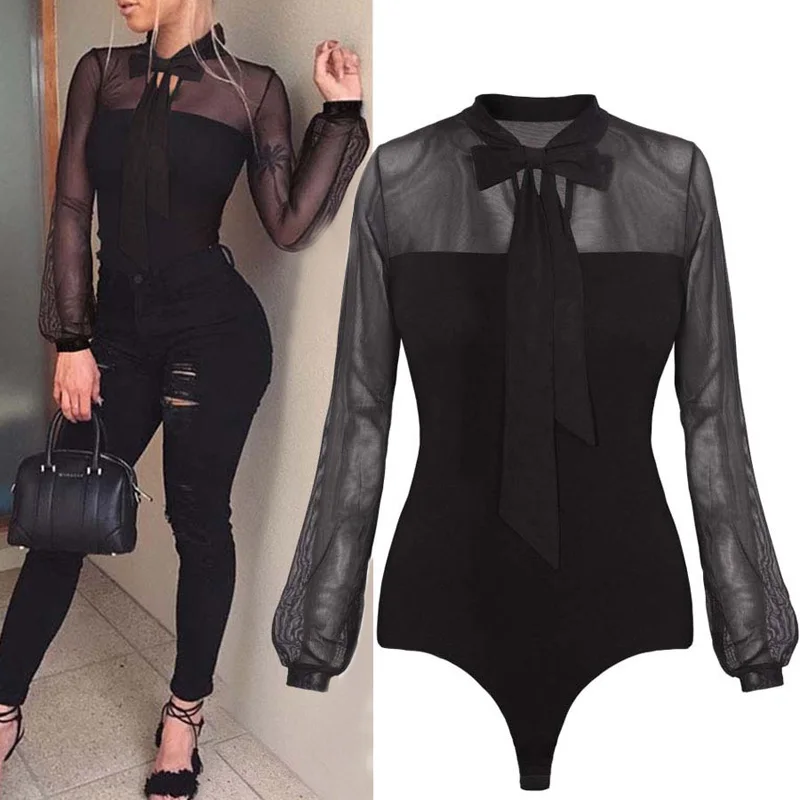 

Women Tulle Blouses Elegant Long Sleeve Autumn Blouse Sexy Patchwork See Through Slim Mesh Tulles Black Solid Skinny Shirts