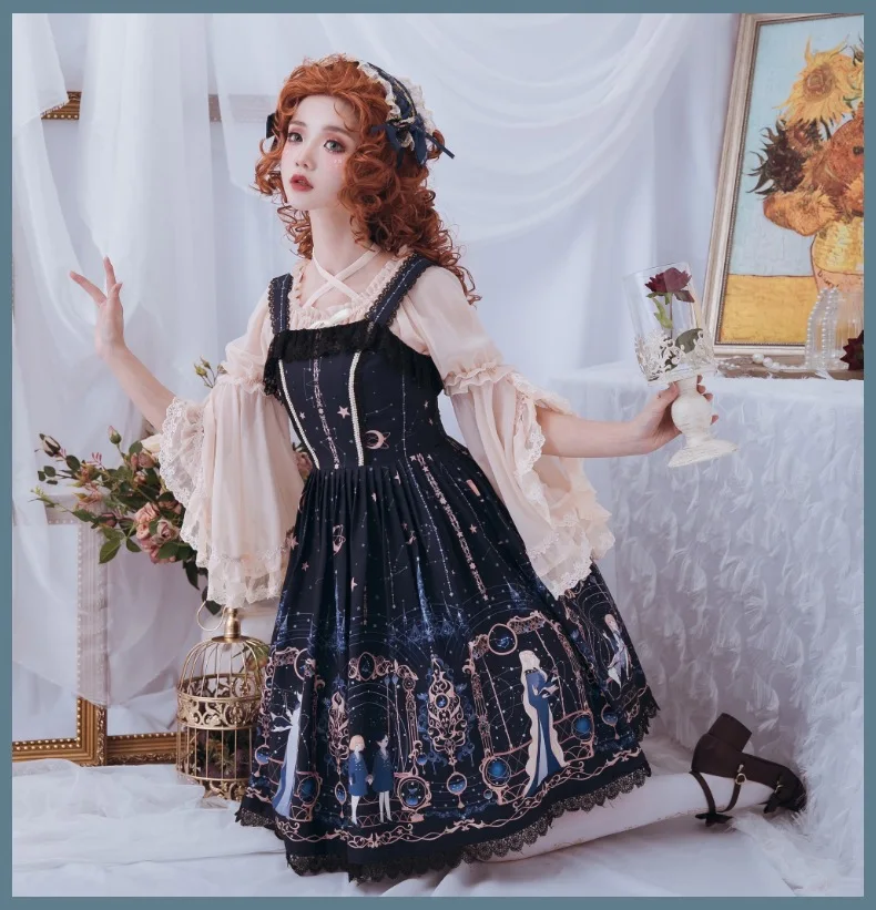 

2 Colors Vintage Lolita JSK Dress Sweet Print Lace Sleeveless Knee Length Princess Dresses For Large Size Lady Stage Performance