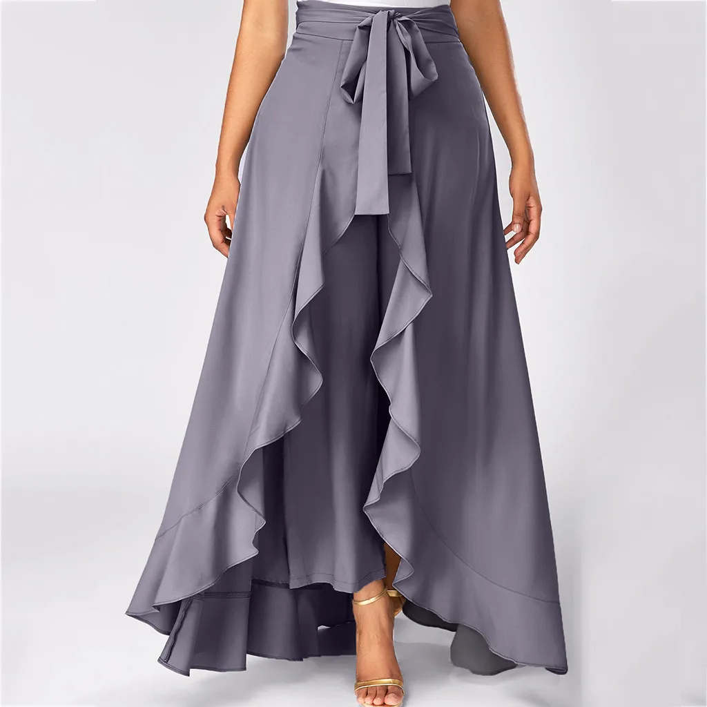 

Womens Grey Side Zipper Tie Front Overlay Pants Ruffle Skirt Bow Long Skirt