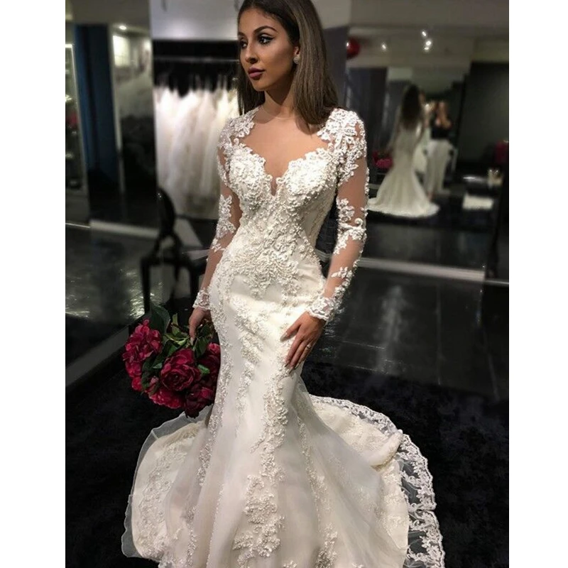 Vestido де noiva Свадебные Платья С Длинными Рукавами Из Бисера Пояс Мяч платье