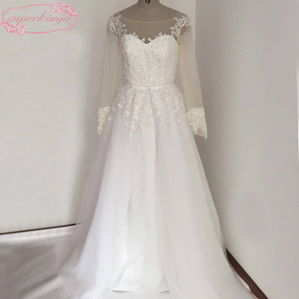 

White Wedding Gowns Bridal Dresses Sheer Crew Neckline Lace Appliques Detachable Train Tulle White Bridal Dresses Vintage