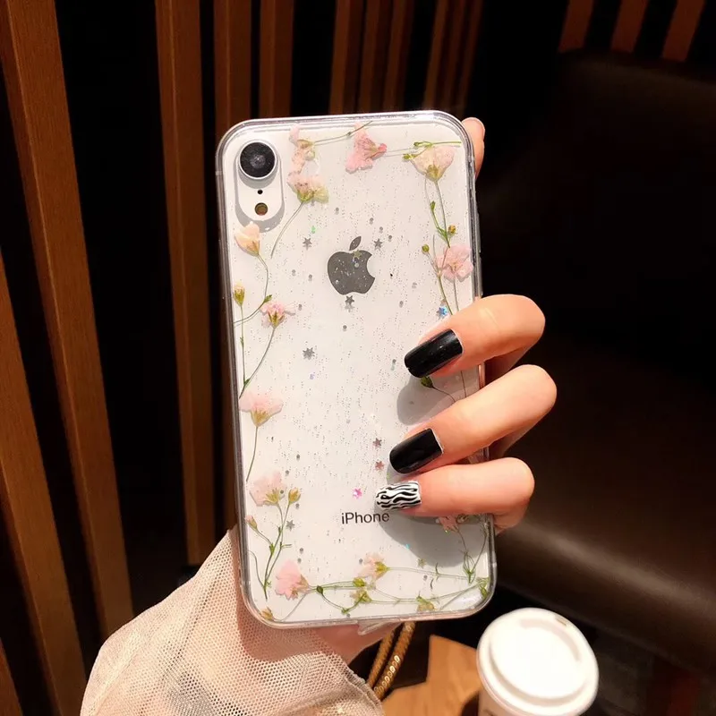 Real Dried Flowers Soft TPU Phone Case For iPhone X XR XS Max 6 6S 7 8 plus Silicone Cover Handmade Clear Pressed Case Coque New (7)