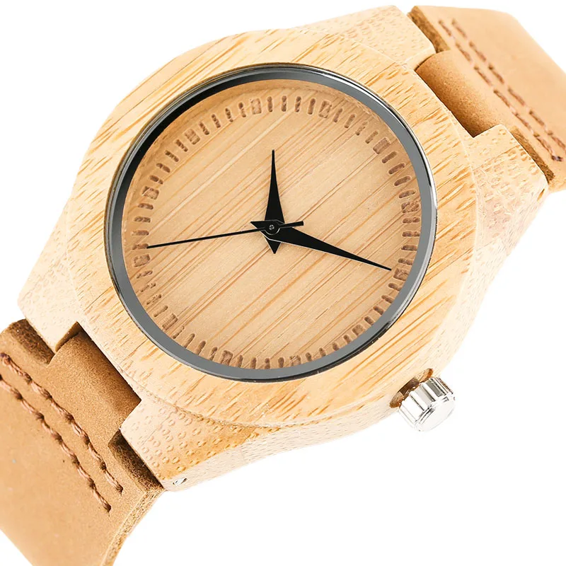 Высококачественные креативные женские деревянные часы ручной работы из бамбука, минималистичные кварцевые часы для дам с коричневой натуральной кожей