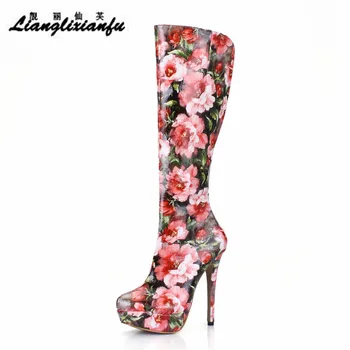 

LLXF stilettos RED Print Knee-High Motorcycle boots 14cm Thin Heels Round Toe Flowers Shoes woman botas mujer platforms pumps