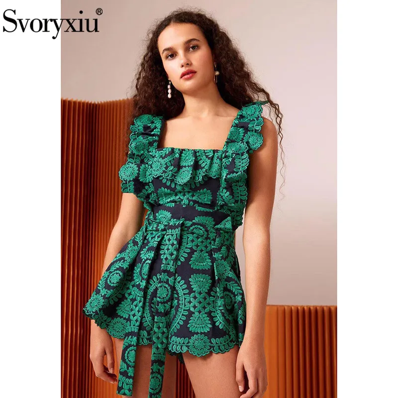 

Svoryxiu Designer Summer Cotton Playsuits Women's Boho Green Printed Beach Holiday Ruffles Spaghetti Strap Playsuits