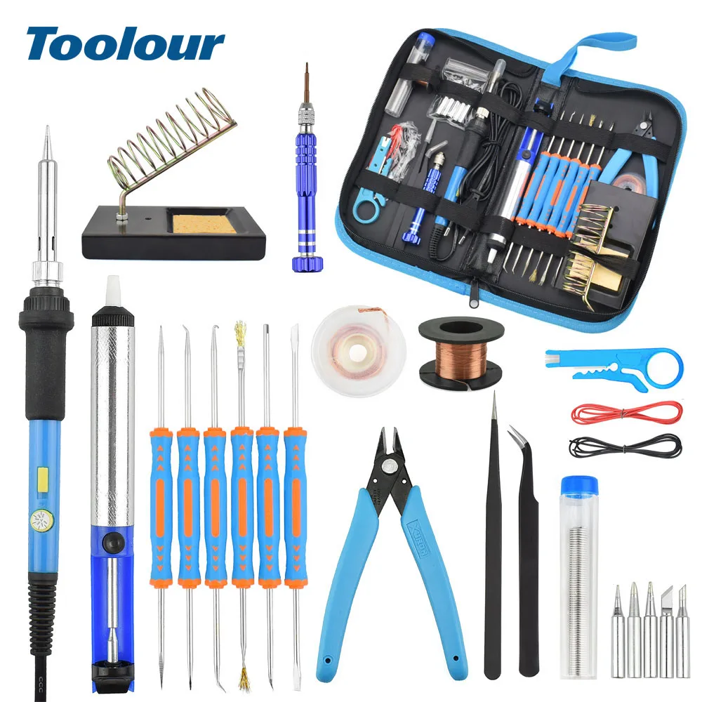 

Toolour EU/US 60W Adjustable Temp Soldering Iron Kit Power Switch Welding Set Suction Pump Jumper Wire Soldering Stand Tool Bag