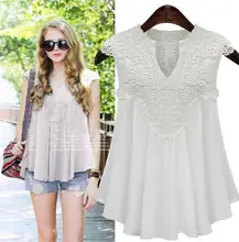 European And American Style Women’s Blouses Chiffon Sleeveless V-neck Bluas Femininas 2016 Summer Stitching Lace Women Shirts