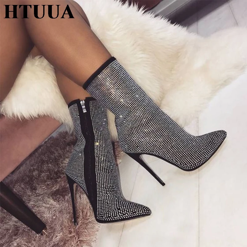 

HTUUA New Sexy Crystal Pointed Toe High Heels Ankle Boots for Women 35-42 Plus Size Sock Boots Autumn Winter Ladies Shoes SX1464