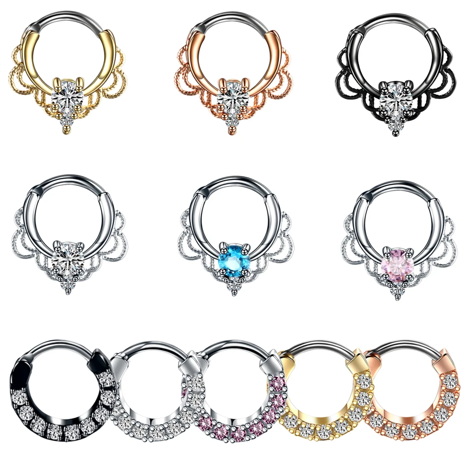 

1PC Brass Nose Septum Clicker Ring Crystal Gem Ear Helix Tragus Clicker Piercing Daith Rook Nariz Earring Septum Labret Piercing