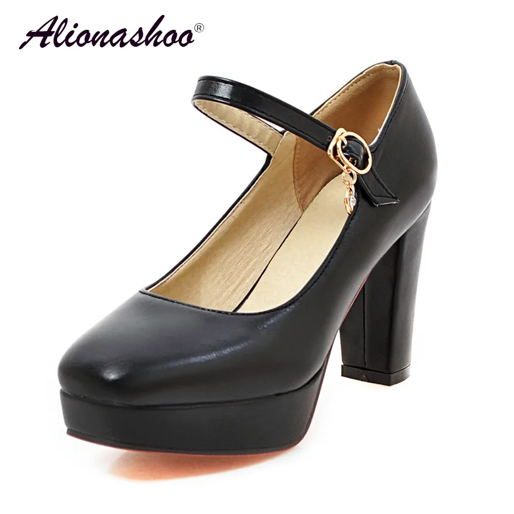 

2019 Spring Fashion Square Toe Shoes Plus Size 34-43 Shallow PU Leather Platform High Heels Buckle Thick Pumps Shoes For Ladies