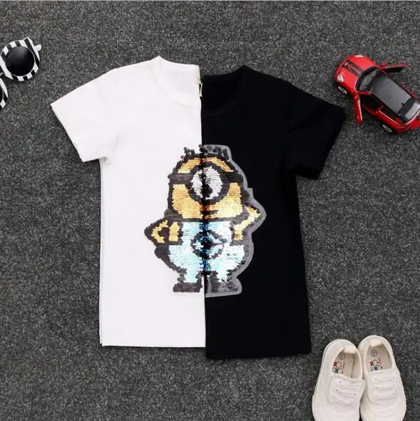 

2018 Reverse discoloration face flip double sequins pattern children's t-shirts boy girl t shirt kids cartoon tshirts clothes