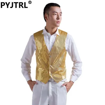 

Mens Wedding Stage Show Gold Shiny Sequins Waistcoat Blue Black Silver Pink Rose Yellow Suit Vest Gilet Homme Classic Vests
