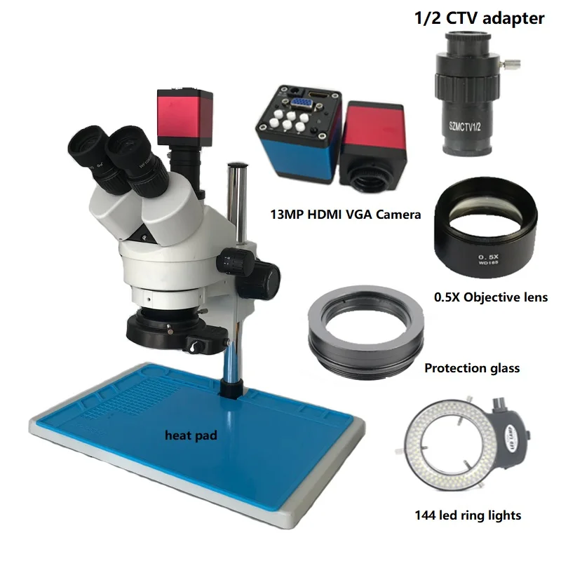 

7X-45X Simul-Focal Stereo Microscope Trinocular Microscope 720P VGA HDMI Video Digital Camera LED Adjustable Light Phone Repair