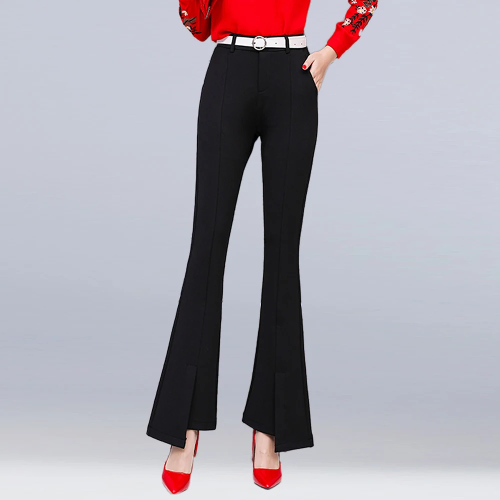 

new plus size women pants high waist flare pants female stretch slim casual cotton pants elegant office lady OL pants free belt