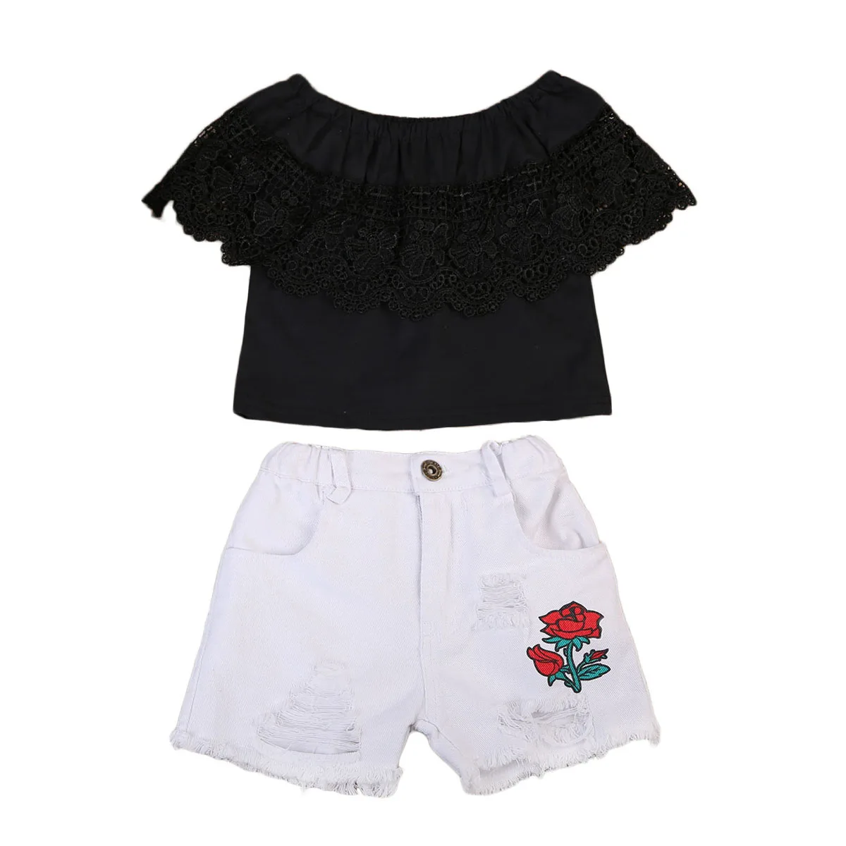 

2017 Summer kids clothes set Baby Kid Black lace Off shoulder Top + Floral White Ripped Jeans shorts girls outfits Baby Clothing